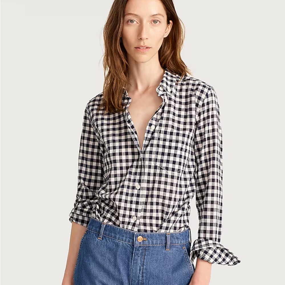 NWT JCrew Classic-fit shirt in crinkle gingham, Size 6, Classic Navy